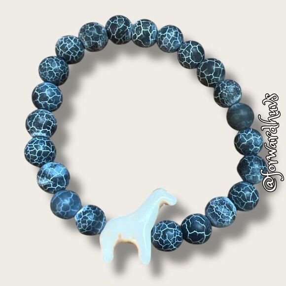 Hand Crafted Jewelry - Bundle Sale 3 for $15 | Blue and White Beaded Stretch Bracelet with Giraffe Char